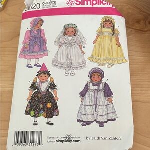 Simplicity Doll Clothes/ Costume Pattern for 18 in doll. Many accessories. Uncut